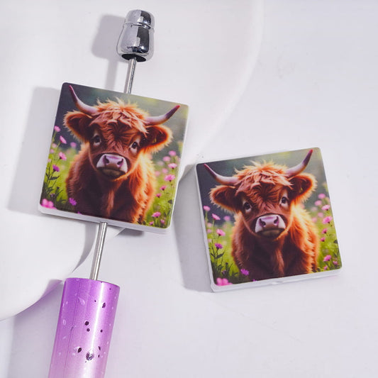 Highland Cow Standing on Flowers & Grass Flat Square Animal Theme Silicone Focal Beads Random Mix