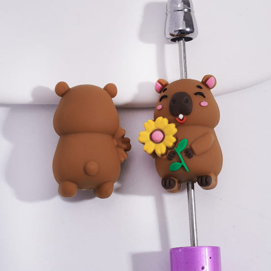 3D Cute Capybara Holding Yellow SunFlower Animal Series Silicone Focal Beads Random Mix