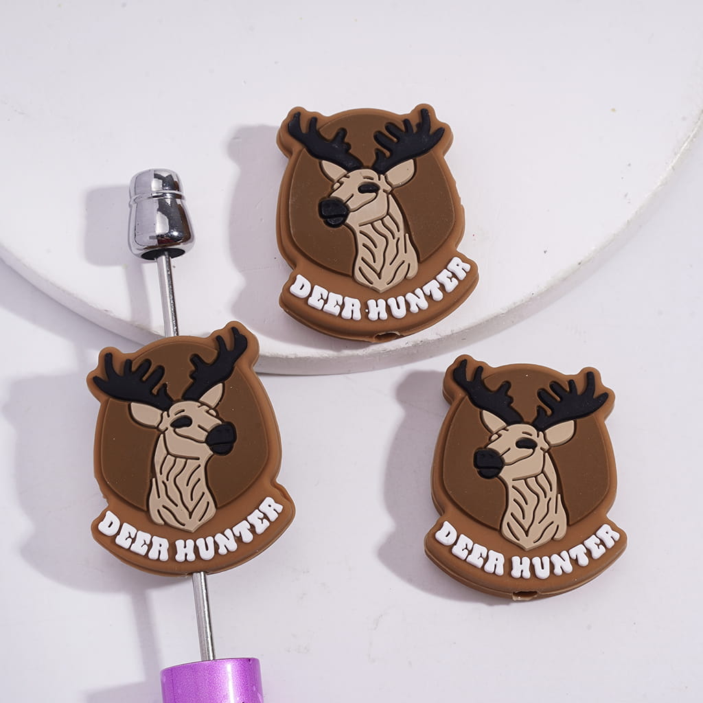 Light Brown Elk Deer Hunter Theme with Text “DEER HUNTER”, Silicone Focal Beads