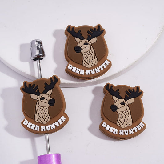 Light Brown Elk Deer Hunter Theme with Text “DEER HUNTER”, Silicone Focal Beads