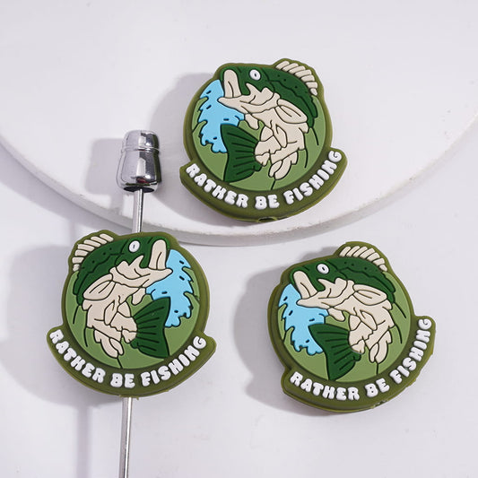 Fishing Theme Print and Green Leaping Fish Text "RATHER BE FISHIING" Silicone Focal Beads