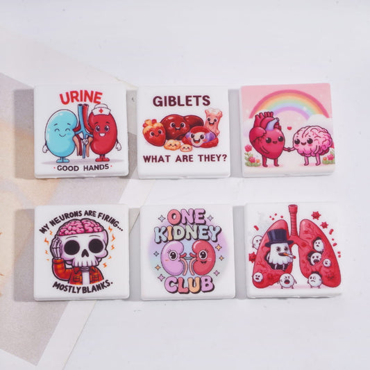 Body Anatomy Organ Print Design, Flat Square Shape Silicone Focal Beads Random Mix