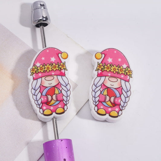 Cute Gnome Elf Holding Beach Ball with Braided Hair Design Silicone Focal Beads
