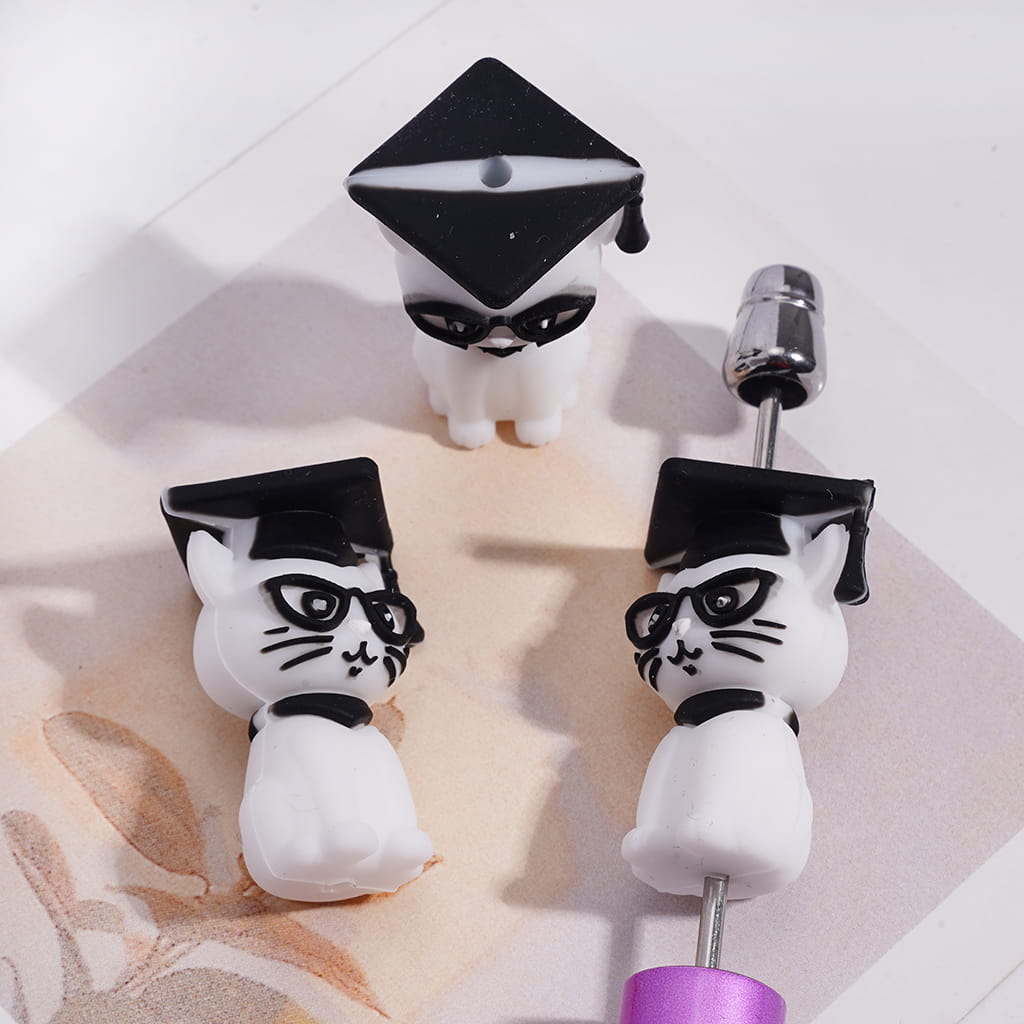3D Cute Character White Cat with Black Glasses & Graduation Cap Silicone Focal Beads
