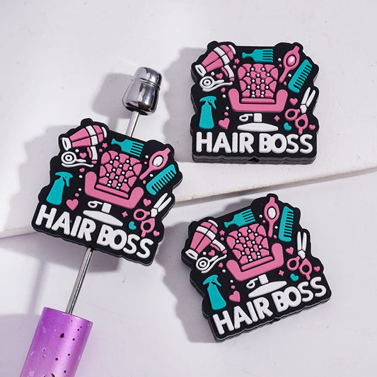 Silicone Focal Beads with White Text "HAIR BOSS" and Barber Tools