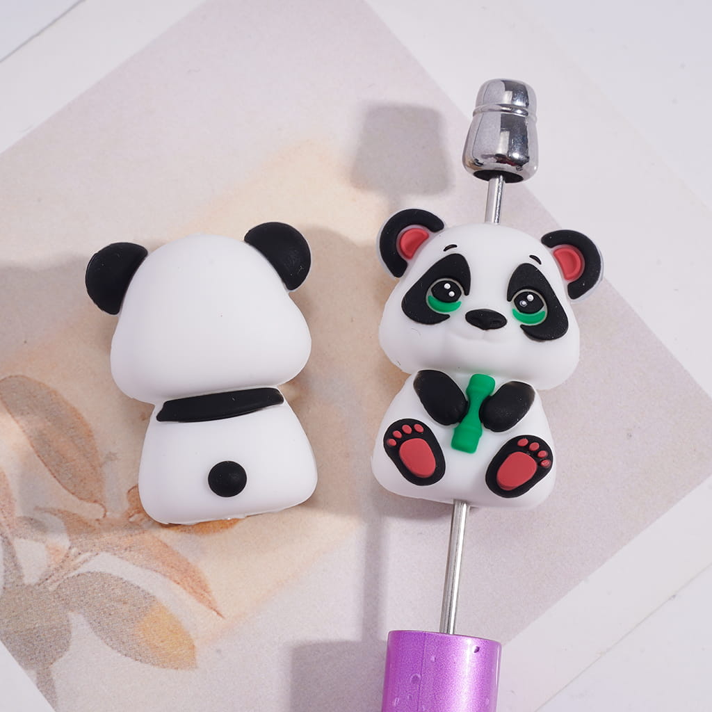 3D Cute Panda Holding Green Bamboo Animal Character Silicone Focal Beads Random Mix