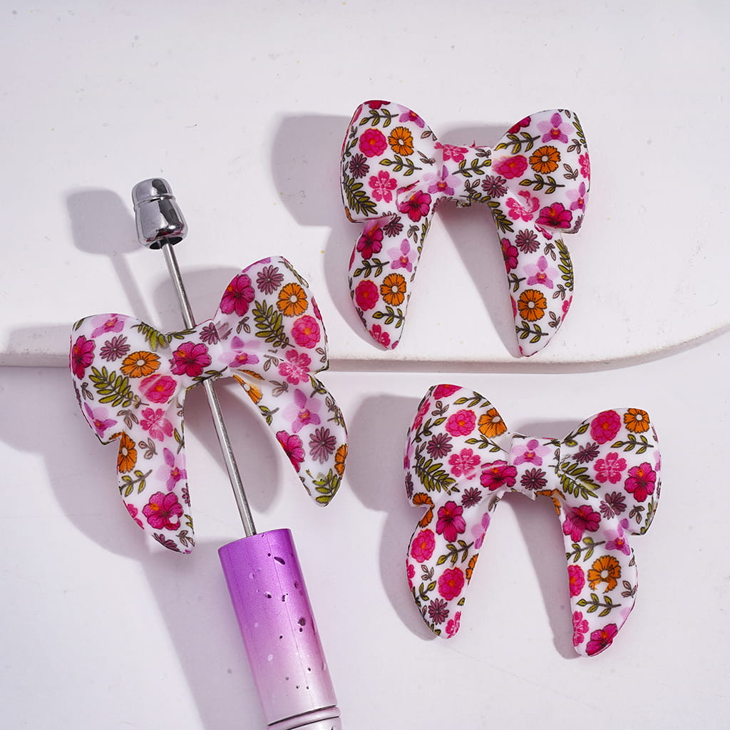Bright Colorful Flowers & Green Leaf Prints Soft Silicone Bowtie Focal Beads 40MM