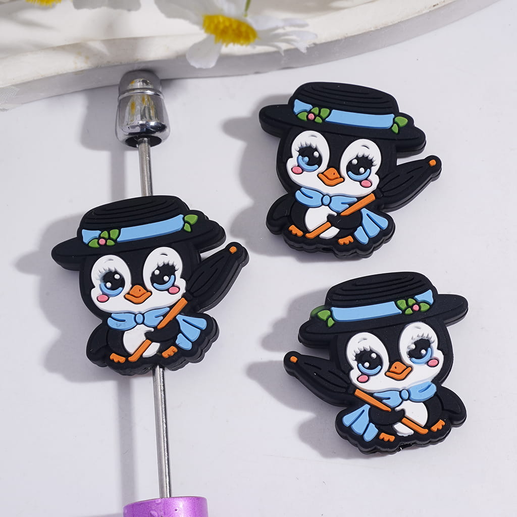Cute Magician Penguin with Umbrella Silicone Focal Beads, Random Mix