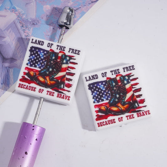 USA Patriotic with Army Boot & Freedom Quote with Text "LAND OF THE FREE BECAUSE OF HTE BRAVE", Flat Square Shape Silicone Focal Beads