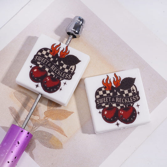 Fiery Cherry Print on Flat Square Shape Silicone Focal Beads with Text "SWEET & RECKLESS,