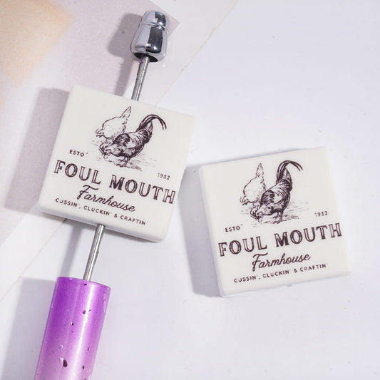 Farmhouse Rooster & Hen with Funny Vintage Quote Text "ESTO-1952 FOUL MOUTH Farm house CUSSIN' CLUCKIN' & CARTIN'", Flat Square Shape Silicone Focal Beads