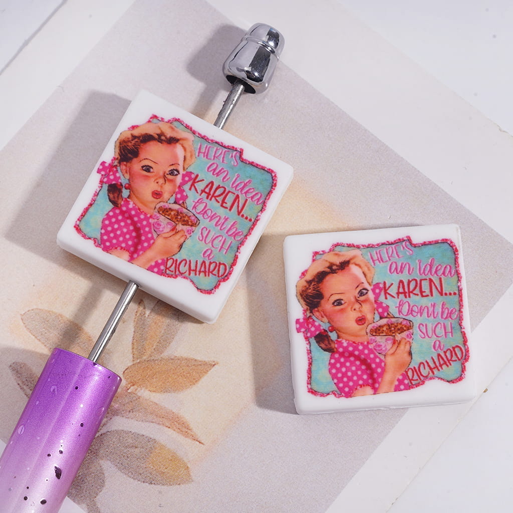 Retro Sass Quote Funny Vintage Girl Design ext "HERE'S an idea KAREN Don't such a RICHARD", Flat Square Shape Silicone Focal Beads