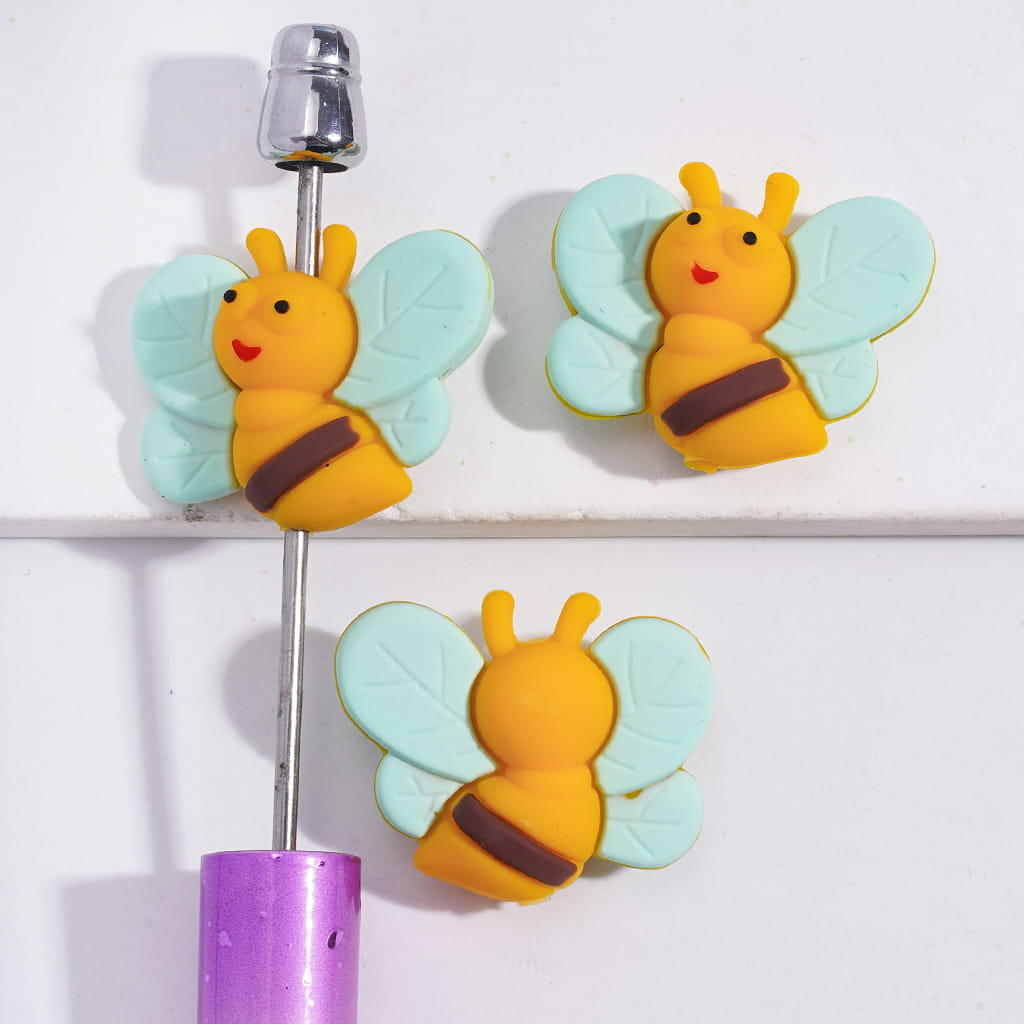 3D Cute Yellow Honeybee with Mint Wings Silicone Focal Beads