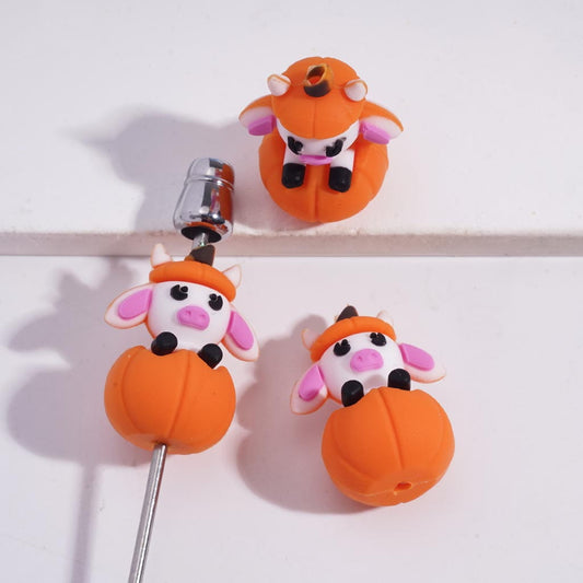3D Cute Cattle Sitting on Pumpkin Halloween Series Silicone Focal Bead