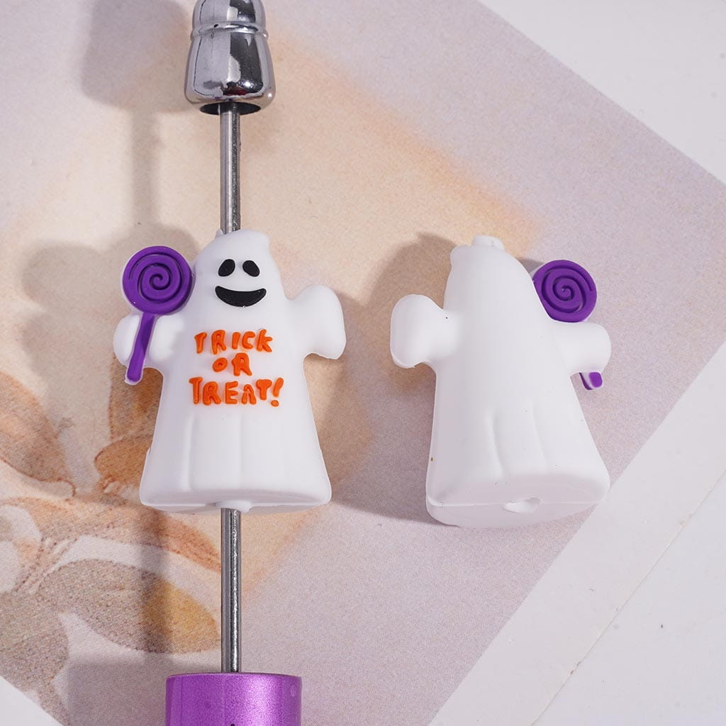 3D Halloween White Ghost with Purple Lollipop Trick or Treat Charm Ghost Silicone Focal Bead