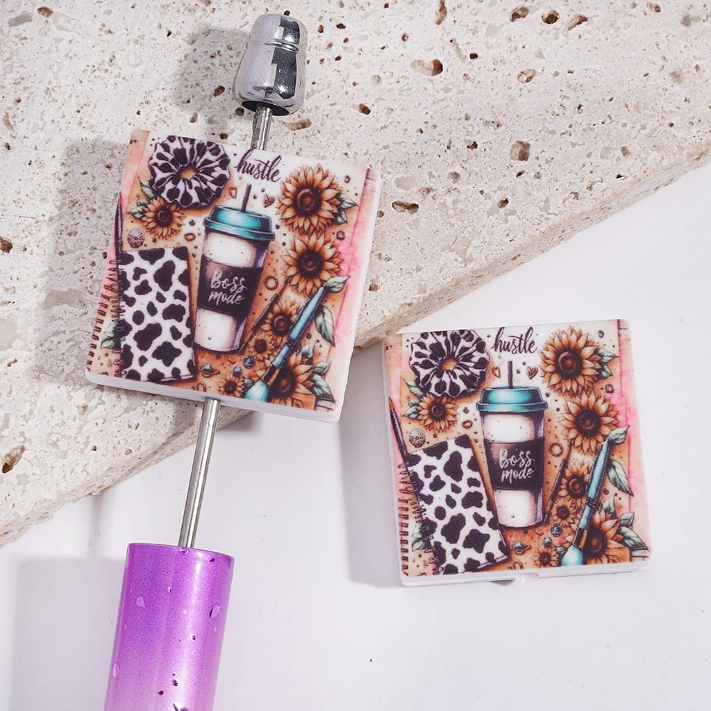 Coffee Cup Pen Jotter Scrunchie Sunflowers Print on Flat Square Shape Silicone Focal Beads