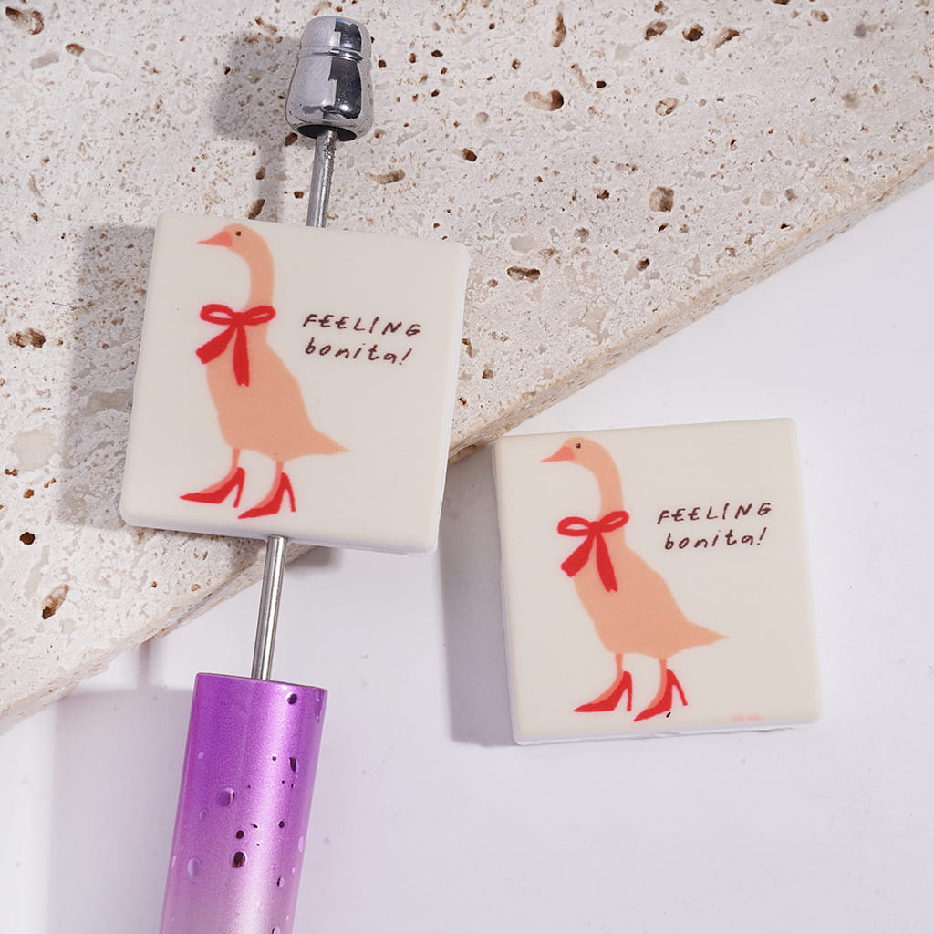 Goose Wearing Red Bowtie High-Heeled Shoes with Text "FEELING bonita!" Print on Flat Square Shape Silicone Focal Beads