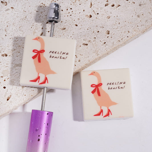 Goose Wearing Red Bowtie High-Heeled Shoes with Text "FEELING bonita!" Print on Flat Square Shape Silicone Focal Beads