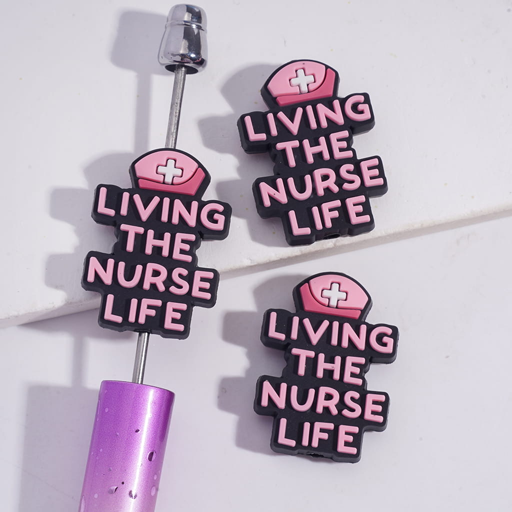 Pink Nurse Hat with Text “Living the Nurse Life” Silicone Focal Beads