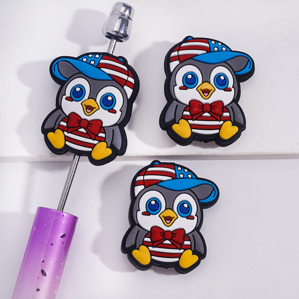 Cute Little Penguin Wearing Baseball Cap & Red Bowtie with American Flag Prints Silicone Focal Beads