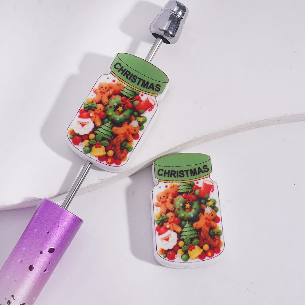 Cute Mini Christmas Jar with Santa Claus Tree Bell Bear Gingerbread Stocking Wreath Candy Cane Inside Silicone Focal Beads