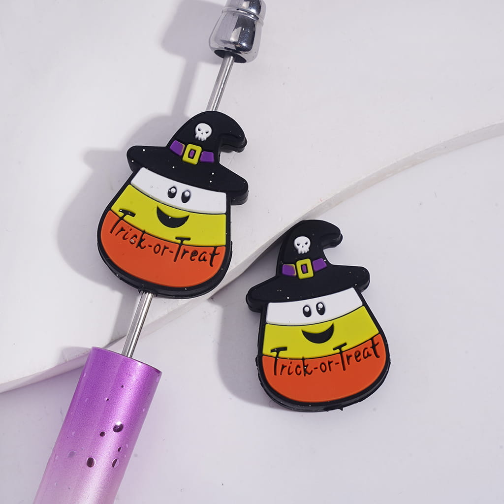 Cute Halloween Candy with Text "Trick-or-Treat" and Wearing Witch Hat Silicone Focal Bead
