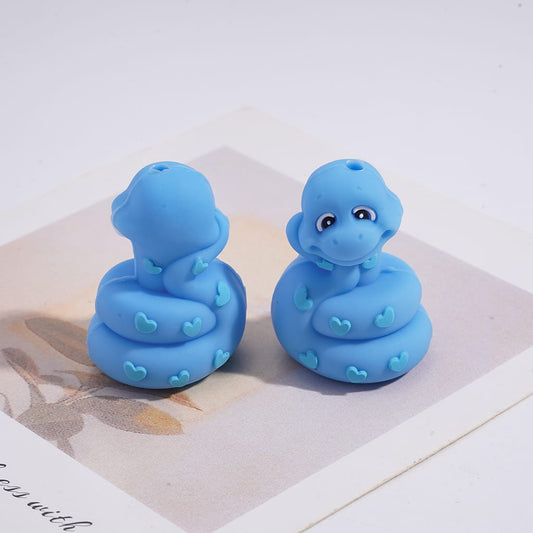 3D Cute Character Design Coiled Blue Snake with Hearts on Tail Silicone Focal Beads