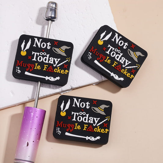 Fantasy Magic Theme Silicone Focal Beads with Text "Not Today Muggle Humor" and Wizard Hat Magic Wand Gold Flying Snitch