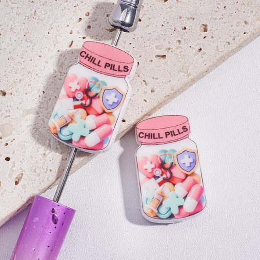 Jar Bottle with Chill Pills Medicine Theme featuring Stethoscope and Injection Syringe Silicone Focal Beads