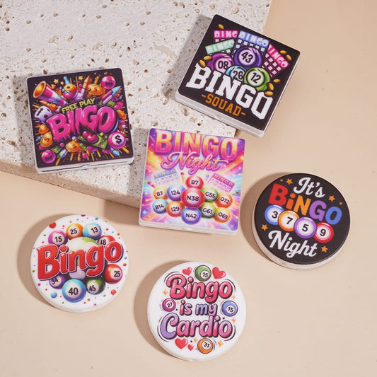 Bingo Game Theme in Flat Square and Round Shapes Silicone Focal Beads