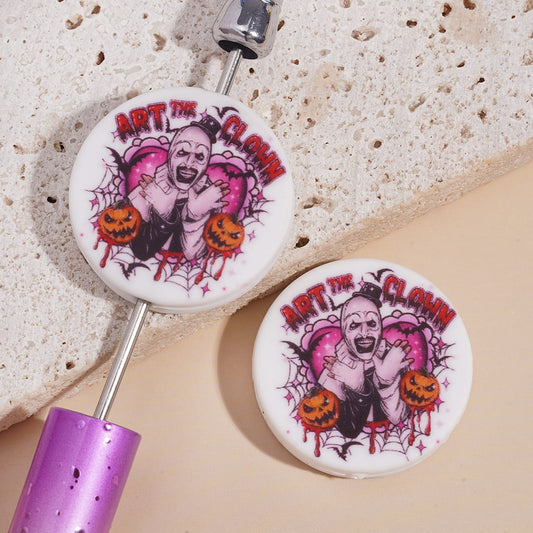 Halloween Horror Print Flat Round Silicone Focal Beads with “Art the Clown” Text, Pumpkin, Spider Web & Bat Designs