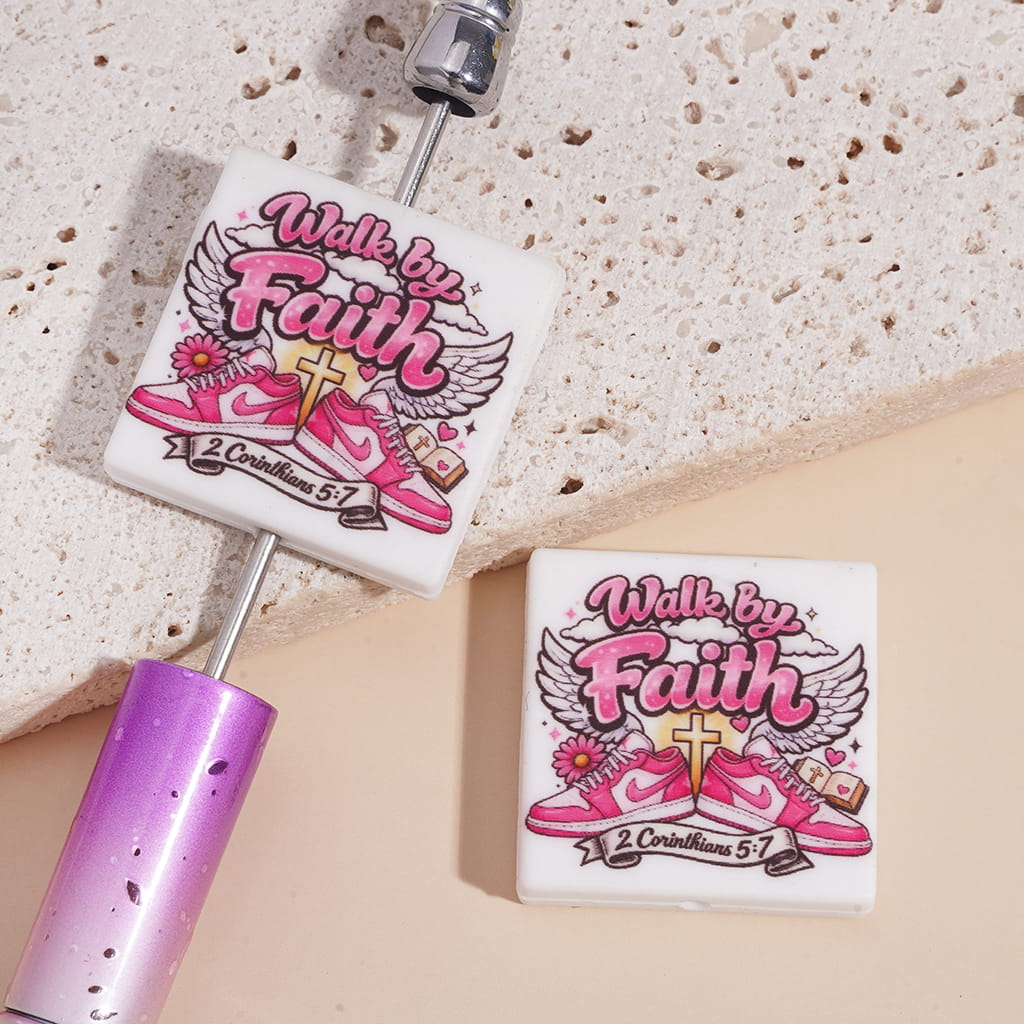 Faith Inspired with “Walk by Faith 2 Corinthians 5:7”, Sports Shoes, Angel Wings Cross & Bible Design Flat Square Shape Silicone Focal Beads