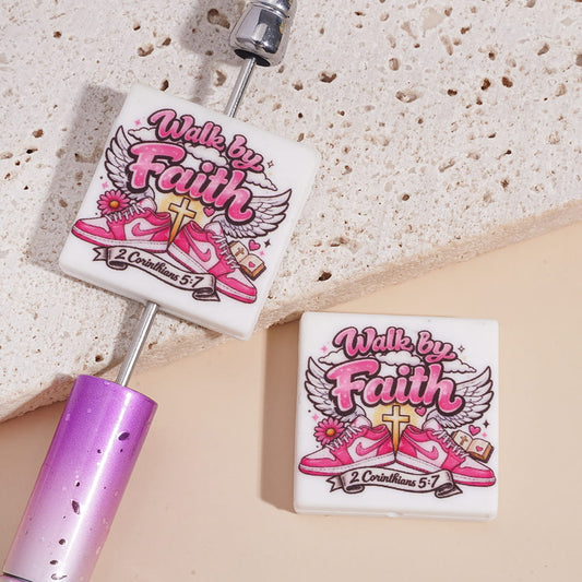 Faith Inspired with “Walk by Faith 2 Corinthians 5:7”, Sports Shoes, Angel Wings Cross & Bible Design Flat Square Shape Silicone Focal Beads