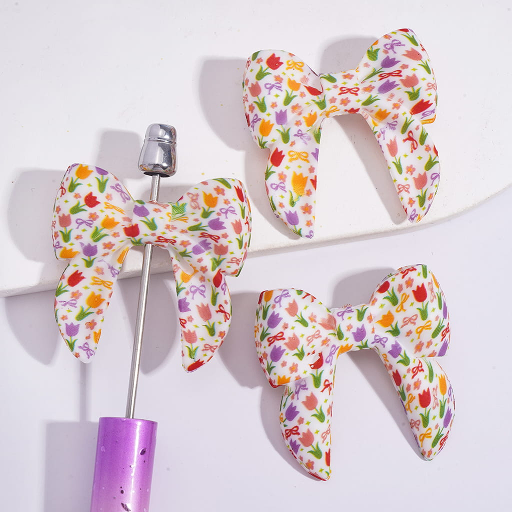 Tulip Flower and Bowknot Prints Soft Bowtie 40MM Silicone Focal Beads