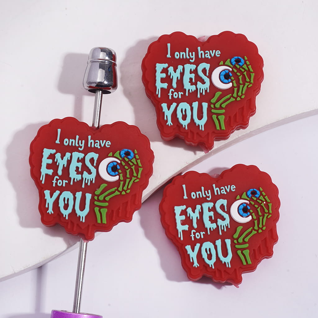 Red Heart with Text “I Only Have Eyes for You” with Green Zombie Hand Holding Eyeball Silicone Focal Beads