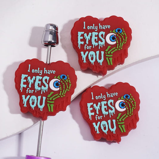 Red Heart with Text “I Only Have Eyes for You” with Green Zombie Hand Holding Eyeball Silicone Focal Beads