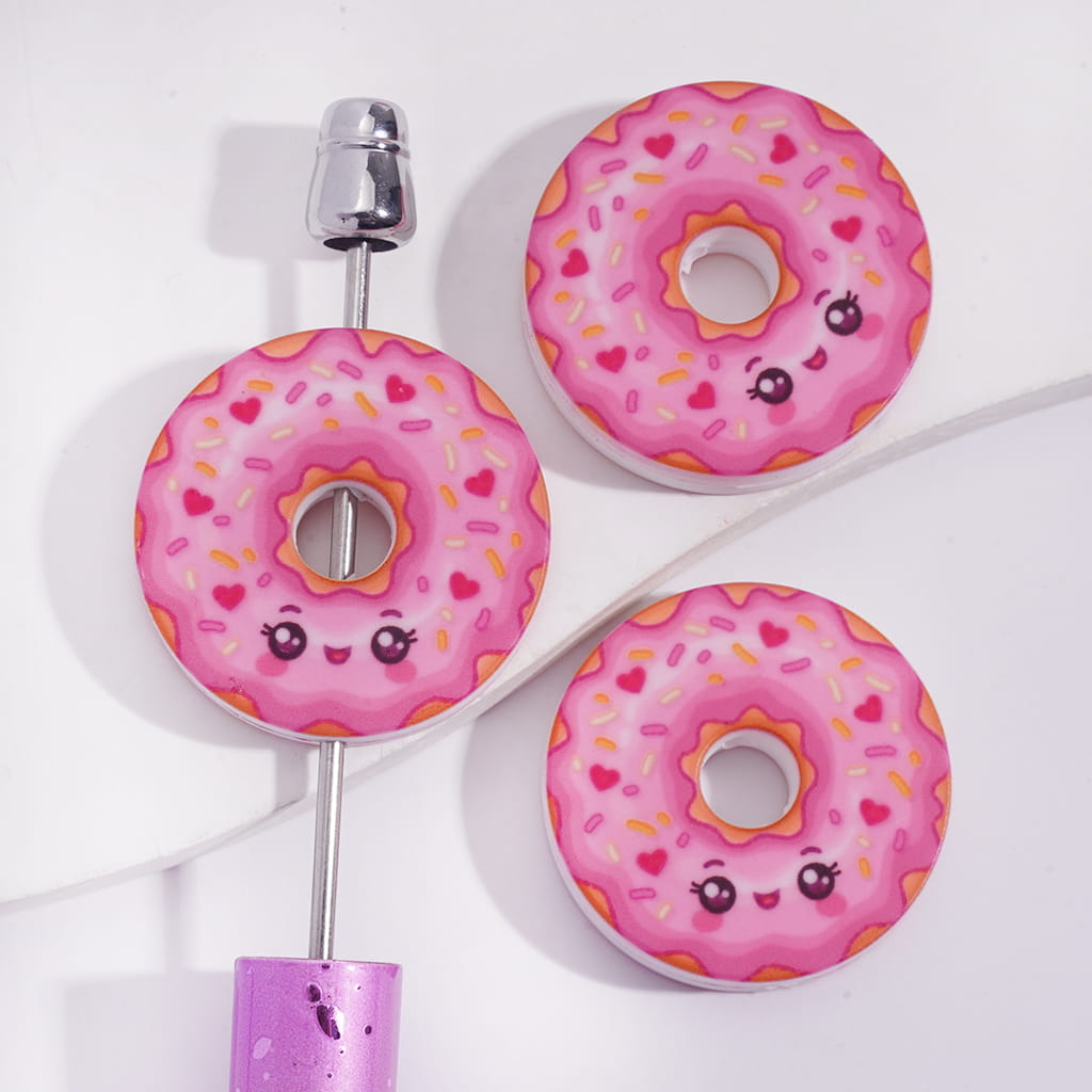 Cute Pink Donut Smiling Expression, Flat Round Shape Silicone Focal Beads