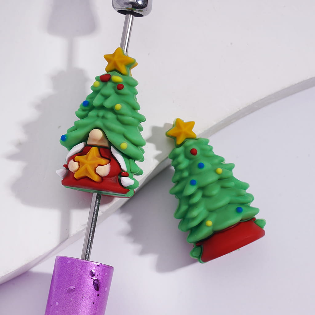 3D Christmas Gnome Elf in Tree Shape Holding Yellow Star Silicone Focal Beads