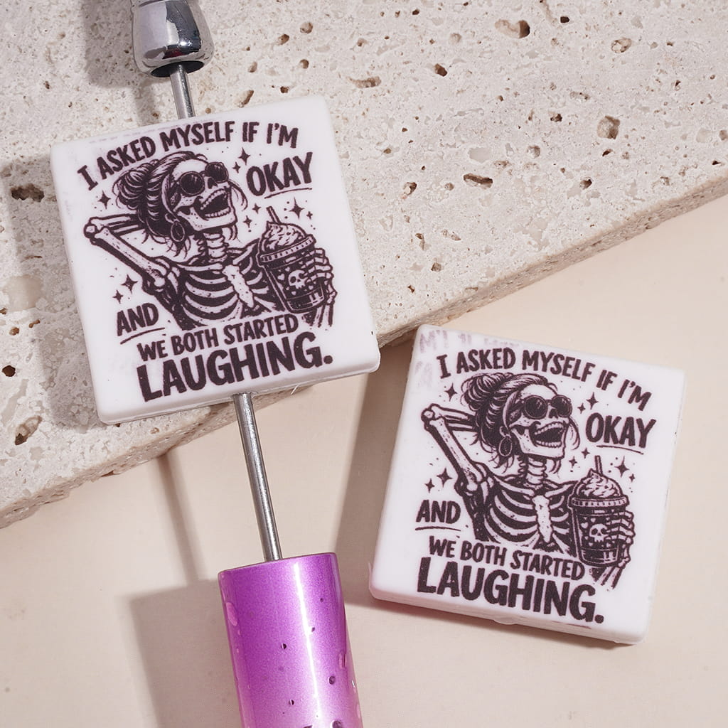 Skeleton Happy Girl with Text "I ASKED MYSELF IF I'M OKAY..." Flat Square Shape Silicone Focal Beads