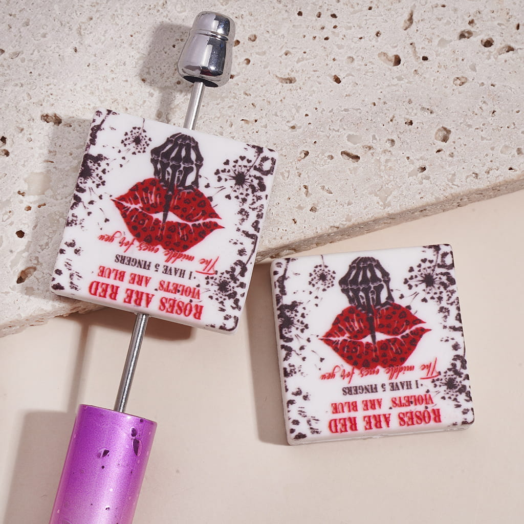 Flat Square Shape Silicone Focal Beads with Text "ROSE ARE RED VIOLETS ARE BLUE I HAVE 5 FINGERS...", & Red Lips