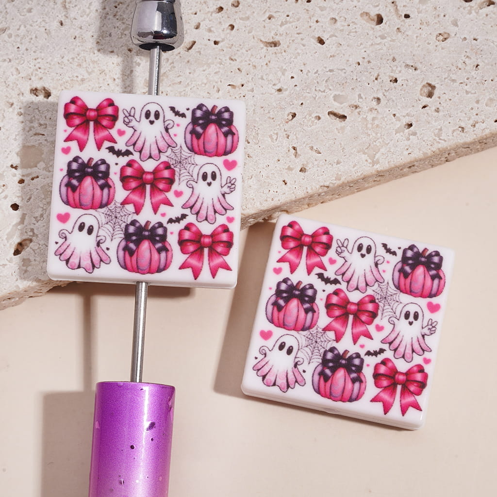 Cute Halloween Ghost, Pumpkin, Bat & Spider Web Pink Bow Design Flat Square Silicone Focal Beads