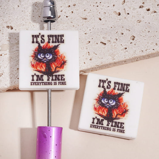 Angry Fire Cat with Text "IT'S FINE I'M FINE EVERYTHING IS FINE" Flat Square Shape Silicone Focal Beads