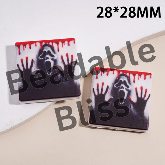 Silicone Focal Beads with Halloween Horror Mask Character and Red Liquid Black Hand Prints, Flat Square Shape