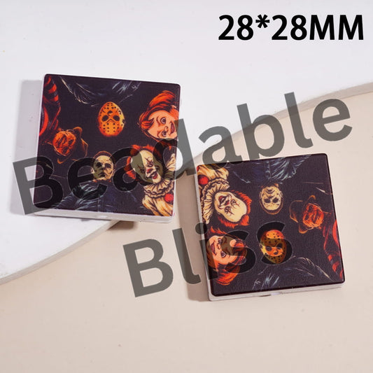 Silicone Focal Beads with Various Scary Horror Character Prints, Flat Square Shape