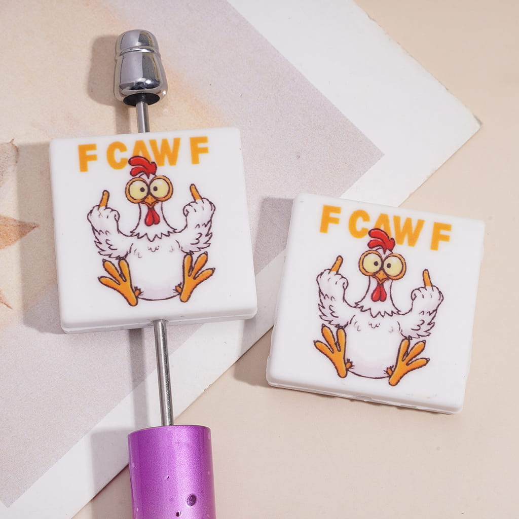 Silicone Focal Beads with Funny Turkey and Text "F CAWF", Flat Square Shape