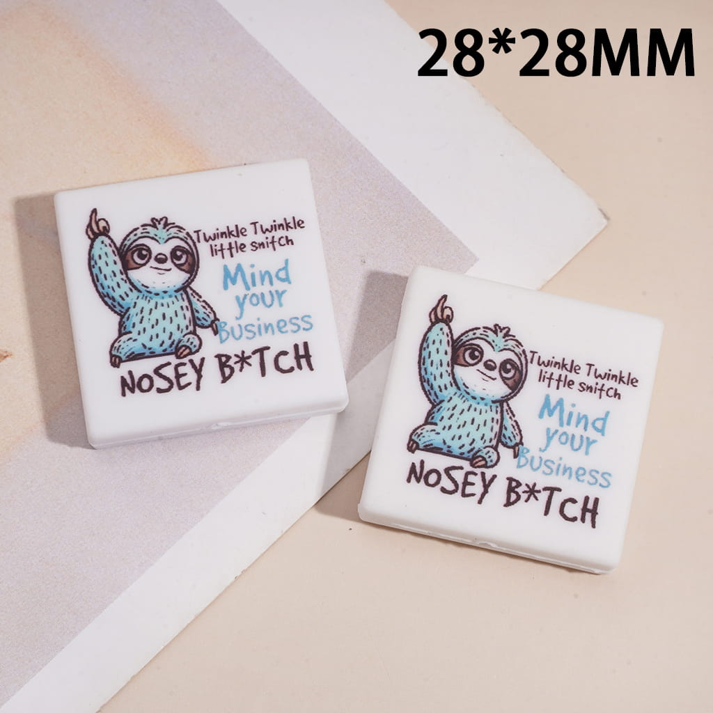 Silicone Focal Beads with Text "Twinkle Twinkle little switch Mind your Business Humor" and Sloth, Flat Square Shape