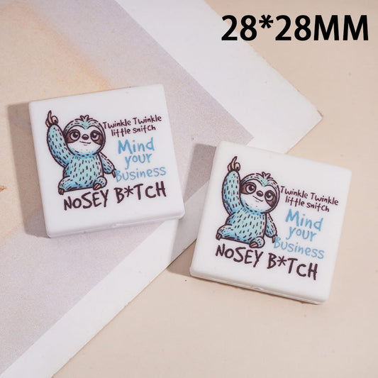 Sloth with Text "Twinkle Twinkle little switch Mind your Business Humor" Flat Square Shape Silicone Focal Beads