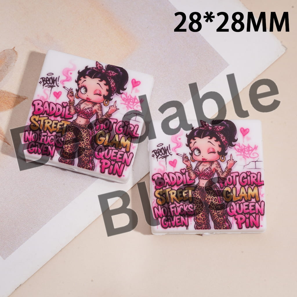 Silicone Focal Beads with Old Girl Character and Text "BADDIE STREET HOT GIRL GLAM QUEEN PIN NO Humor GIVEN", Flat Square Shape