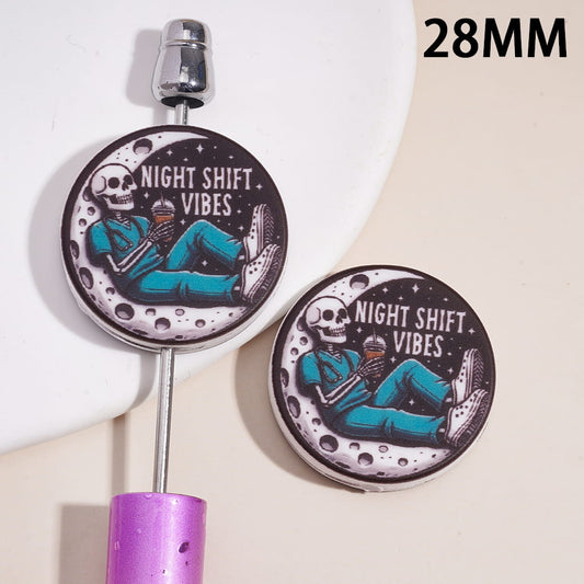 Skeleton Doctor on Moon, Coffee Design with Text “Night Shift Vibes” Flat Round Shape Silicone Focal Beads