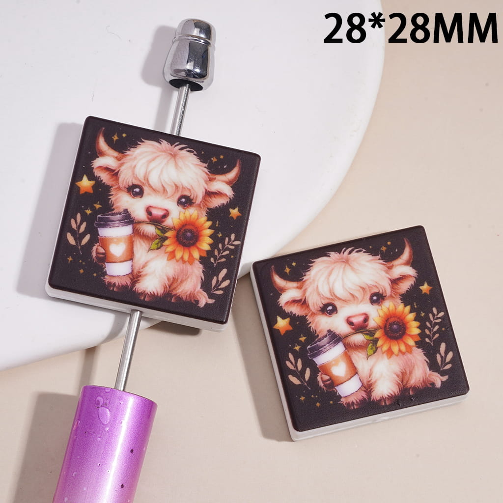 Silicone Focal Beads with Highland Cattle Holding Sunflower in Mouth and Coffee Cup, Flat Square Shape